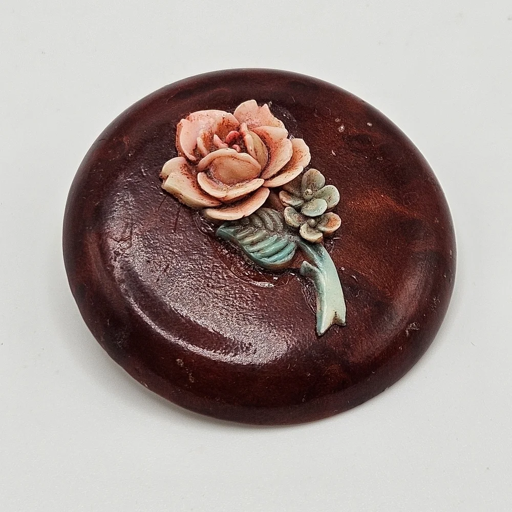 VINTAGE 3D Painted Pink Rose Flower Round Brooch Pin